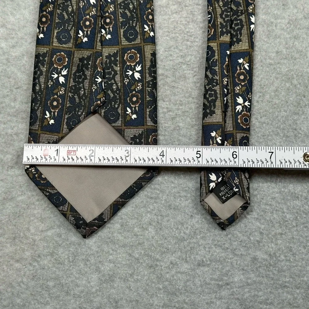 Adolfo XL Vintage Tie Geometric Floral Blue Brown Polyester 64x3.75in